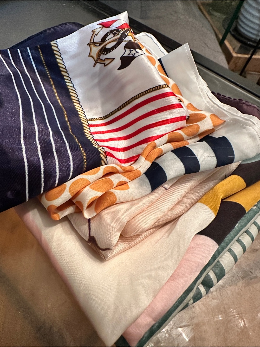 5 Rare Vintage and Modern Silk-Feel Scarf Bundle in Navy, White, Gold and Pink